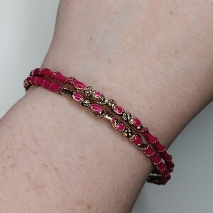 Vintage enamel pink and gold wrapped braided design bangle bracelet set (2)